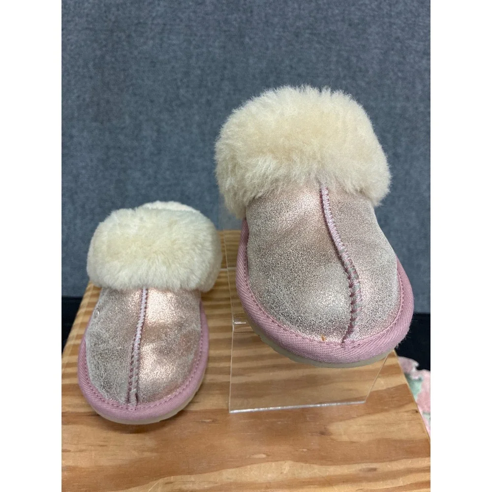 UGG Coquette Metallic Rose Pink Sheepskin Slippers Slides Girls Size 13
